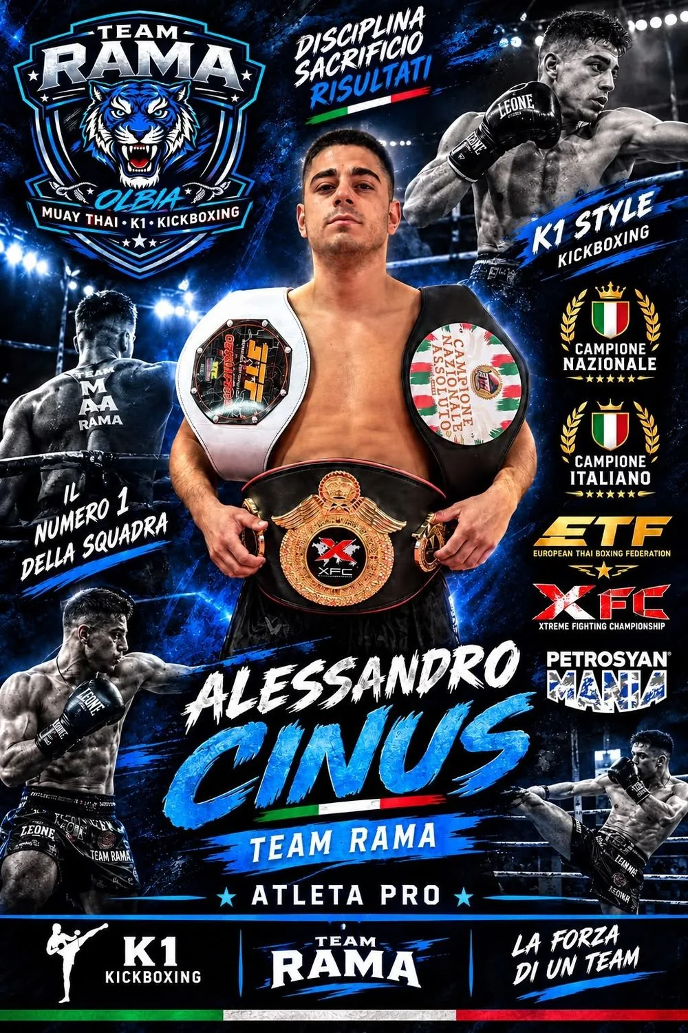 Alessandro Cinus con le cinture conquistate nel K-1
